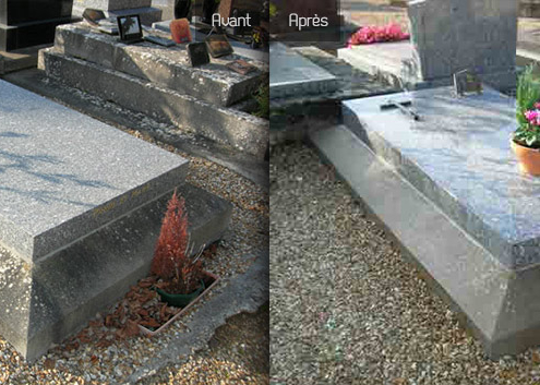 Deux tombes dans un cimetière avec des pierres tombales et des fleurs, montrant une comparaison avant et après entretien.