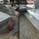 Deux tombes dans un cimetière avec des pierres tombales et des fleurs, montrant une comparaison avant et après entretien.