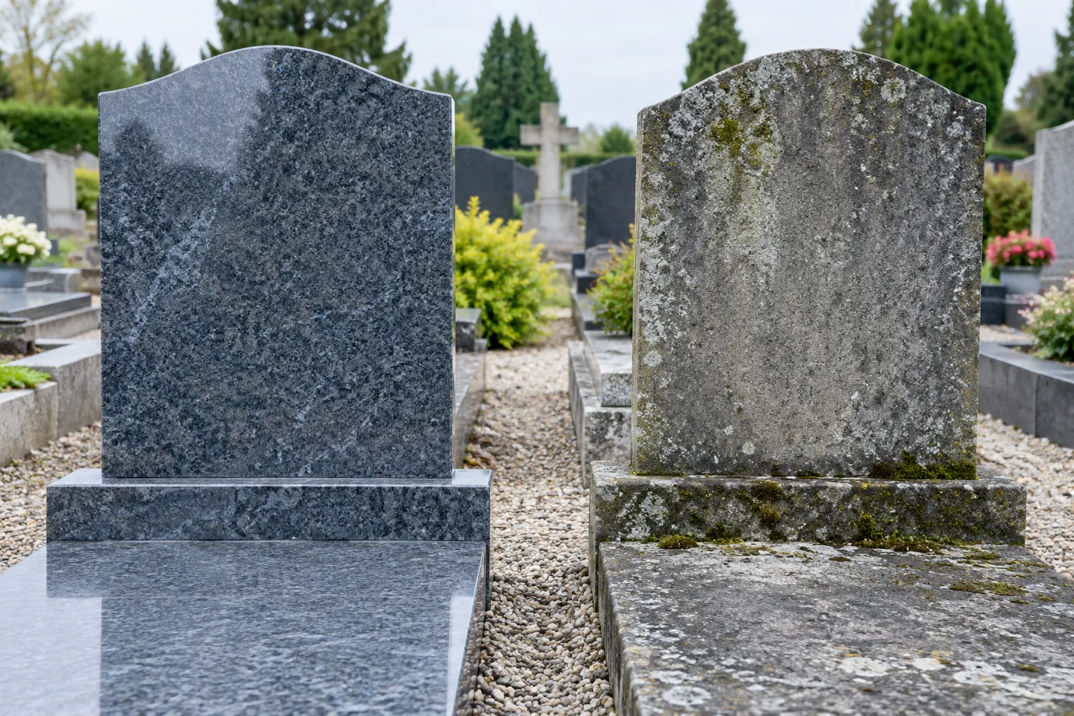 Deux tombes de granit dans un cimetière, l’une propre et sombre, l’autre couverte de mousse et de lichens.