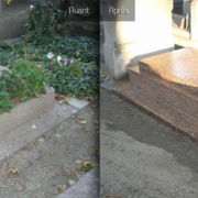 Deux tombes en granit, l’une claire et l’autre rouge, nettoyées et fleuries sur le même socle rectangular.