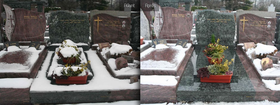 Deux tombes en granit polies sous la neige, avec une jardinière rouge et des fleurs placées sur les dalles.