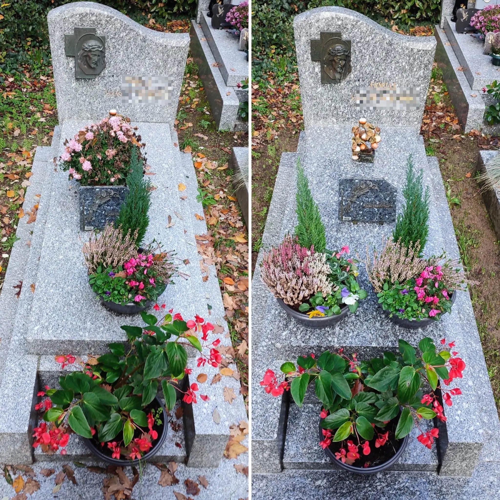 Deux tombes en granit retiennent des arrangements floraux: pots de plantes colorées et décorations, avec fleurs et Deux tombes en granit retiennent des arrangements floraux: pots de plantes colorées et décorations, avec fleurs et