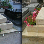 Deux tombes identiques avant et après, fleurissant avec des pots et des plantes autour du monument funéraire.