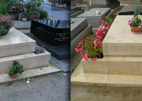 Deux tombes identiques avant et après, fleurissant avec des pots et des plantes autour du monument funéraire.
