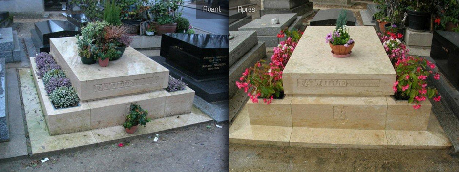 Deux tombes identiques avant et après, fleurissant avec des pots et des plantes autour du monument funéraire.