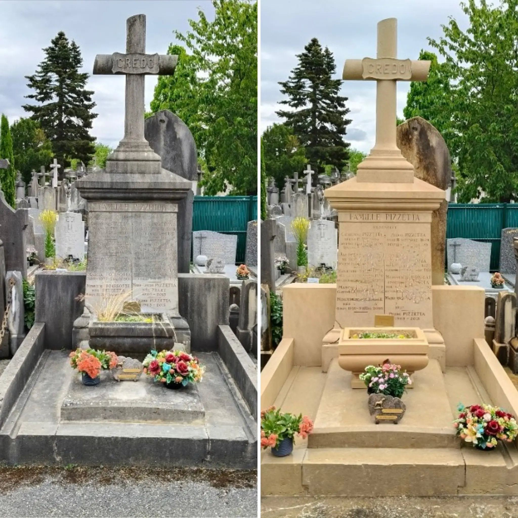 Deux tombes identiques avant/après nettoyage et fleurissement : pierre grise à gauche, pierre beige à droite avec croix sur
