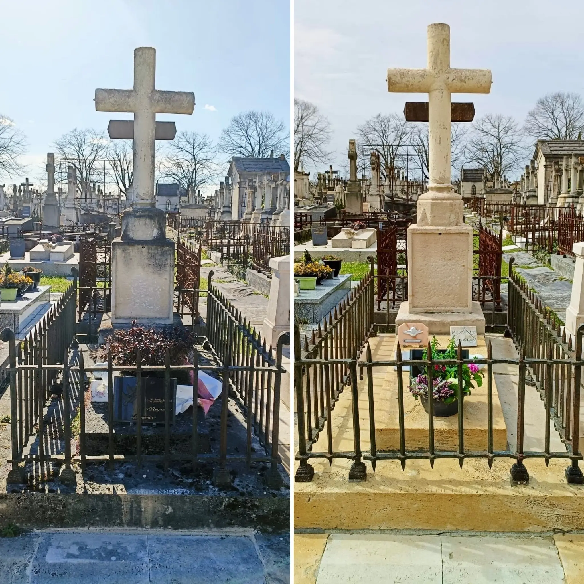 Deux tombes identiques dans un cimetière, entourées d’une barrière en métal. La tombe de gauche paraît plus ancienne et Deux tombes identiques dans un cimetière, entourées d’une barrière en métal. La tombe de gauche paraît plus ancienne et