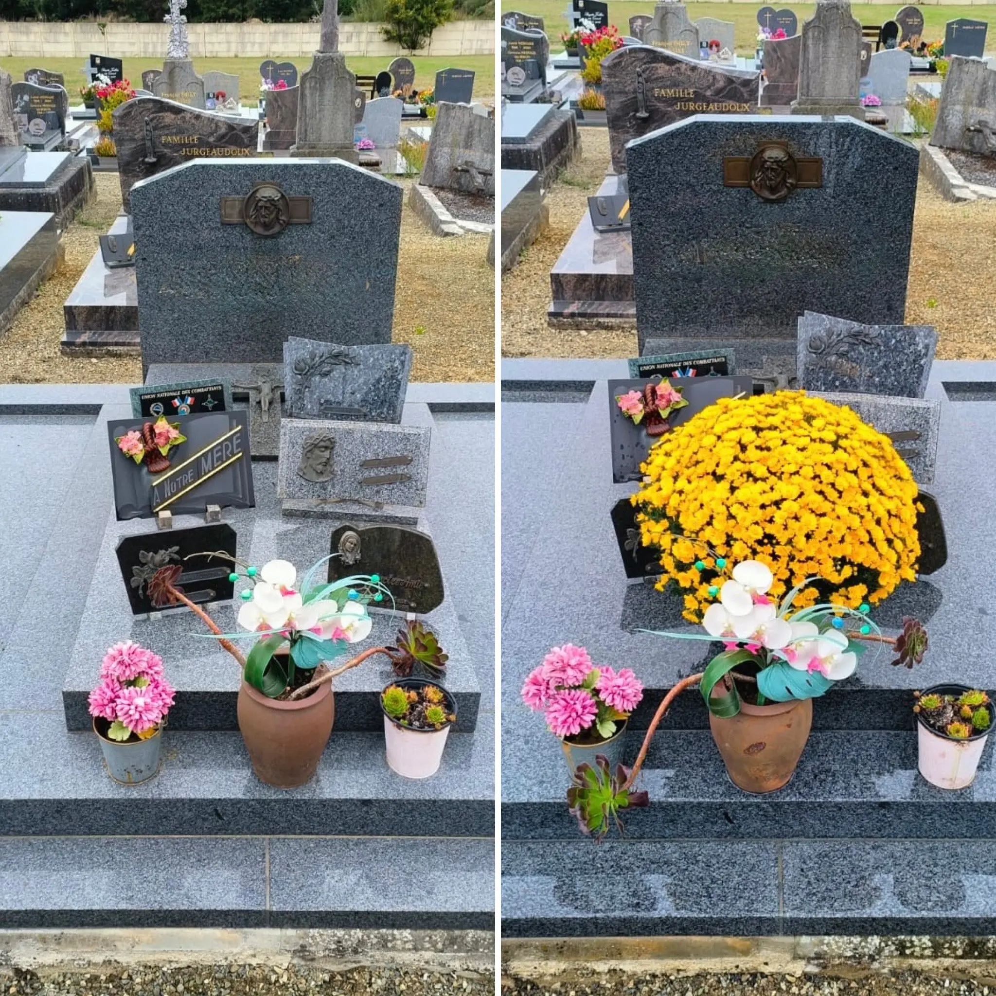 Deux tombes joliment entretenues avec bouquets et décorations: pots de fleurs, plaques gravées et fleurs artificielles sur Deux tombes joliment entretenues avec bouquets et décorations: pots de fleurs, plaques gravées et fleurs artificielles sur