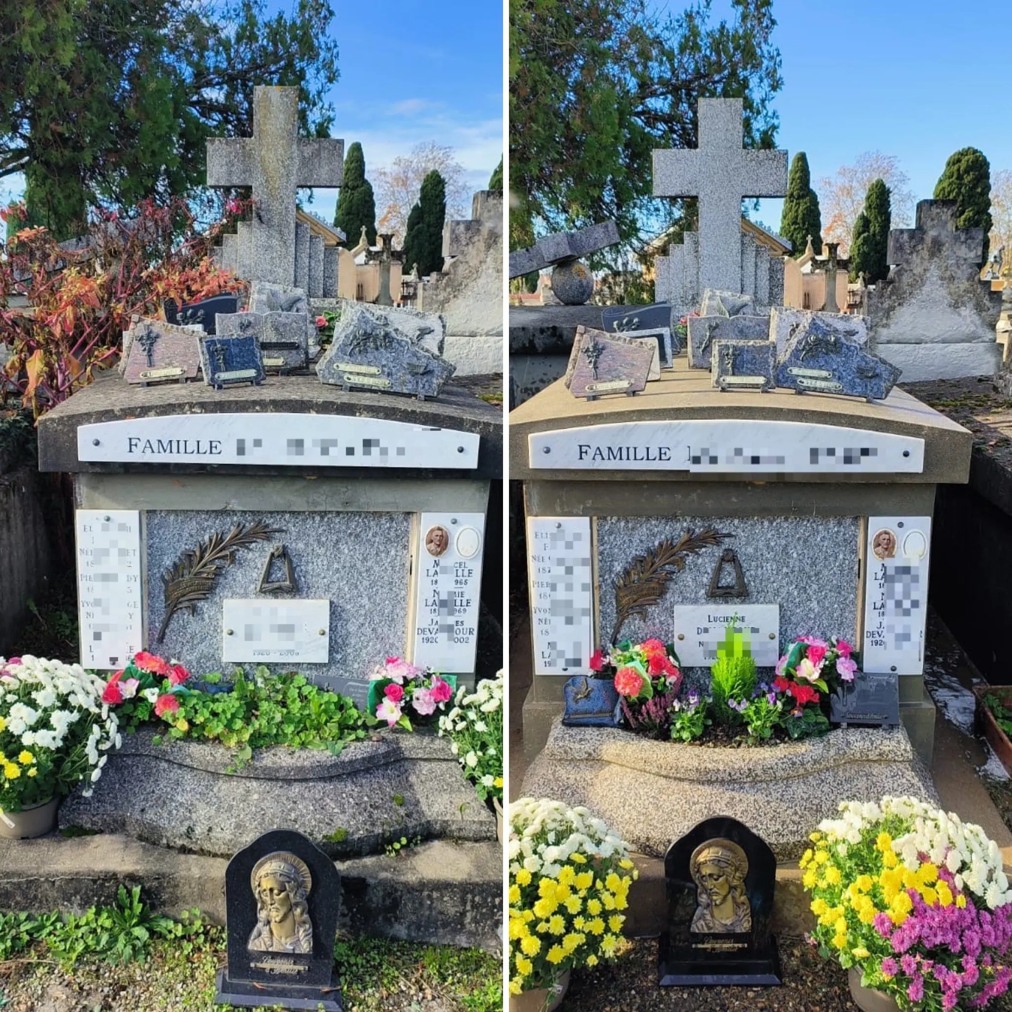 Deux tombes jumelées dans un cimetière, visibles de face et surélevées, avec croix au sommet et plaques commémoratives. Deux tombes jumelées dans un cimetière, visibles de face et surélevées, avec croix au sommet et plaques commémoratives.