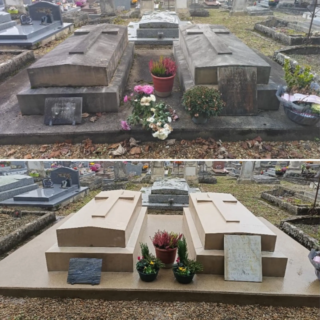 Deux tombes rénovées dans un cimetière, plateforme recouverte de pierre beige, pot de fleurs colorées et plaques decoratives