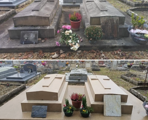 Deux tombes rénovées dans un cimetière, plateforme recouverte de pierre beige, pot de fleurs colorées et plaques decoratives