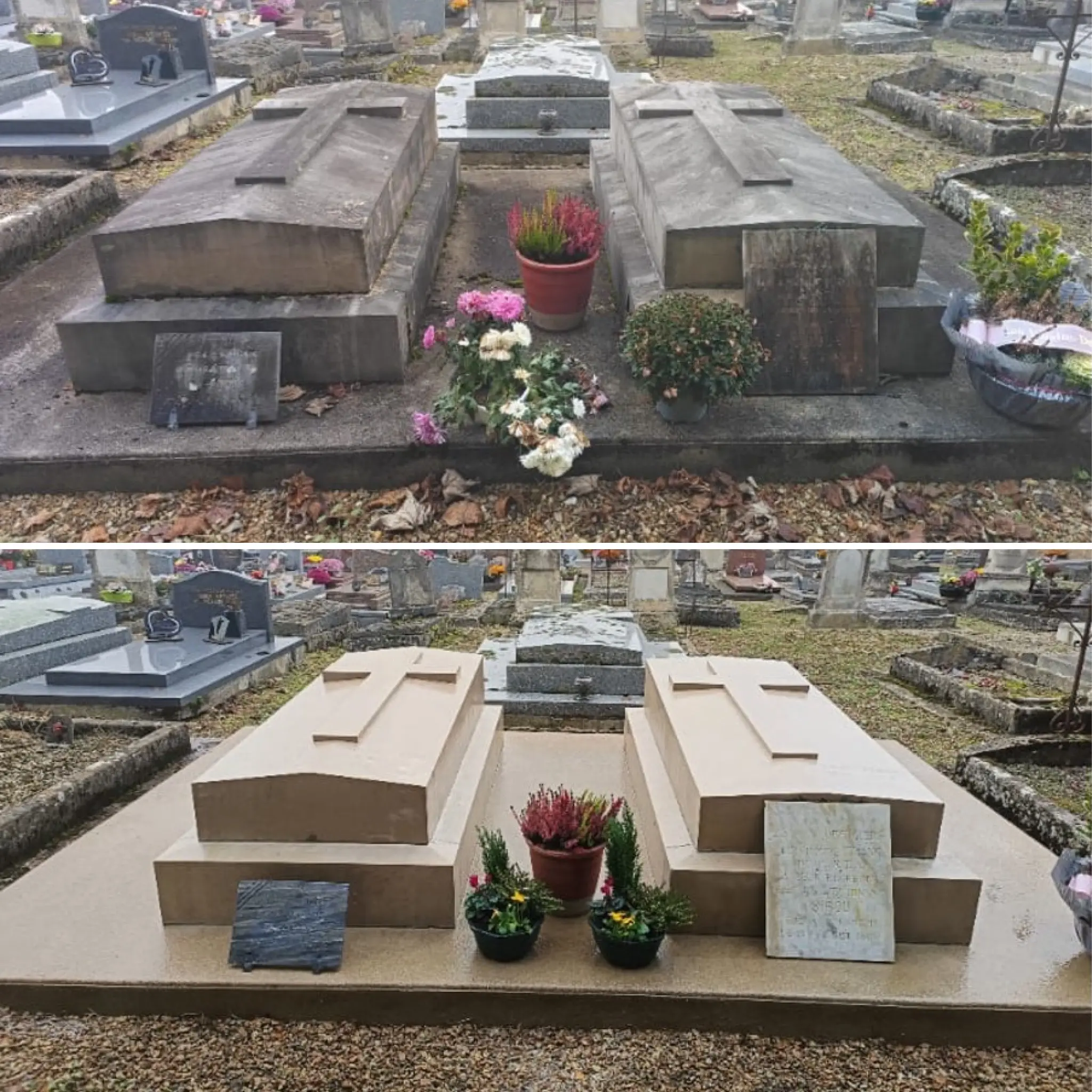 Deux tombes rénovées dans un cimetière, plateforme recouverte de pierre beige, pot de fleurs colorées et plaques decoratives