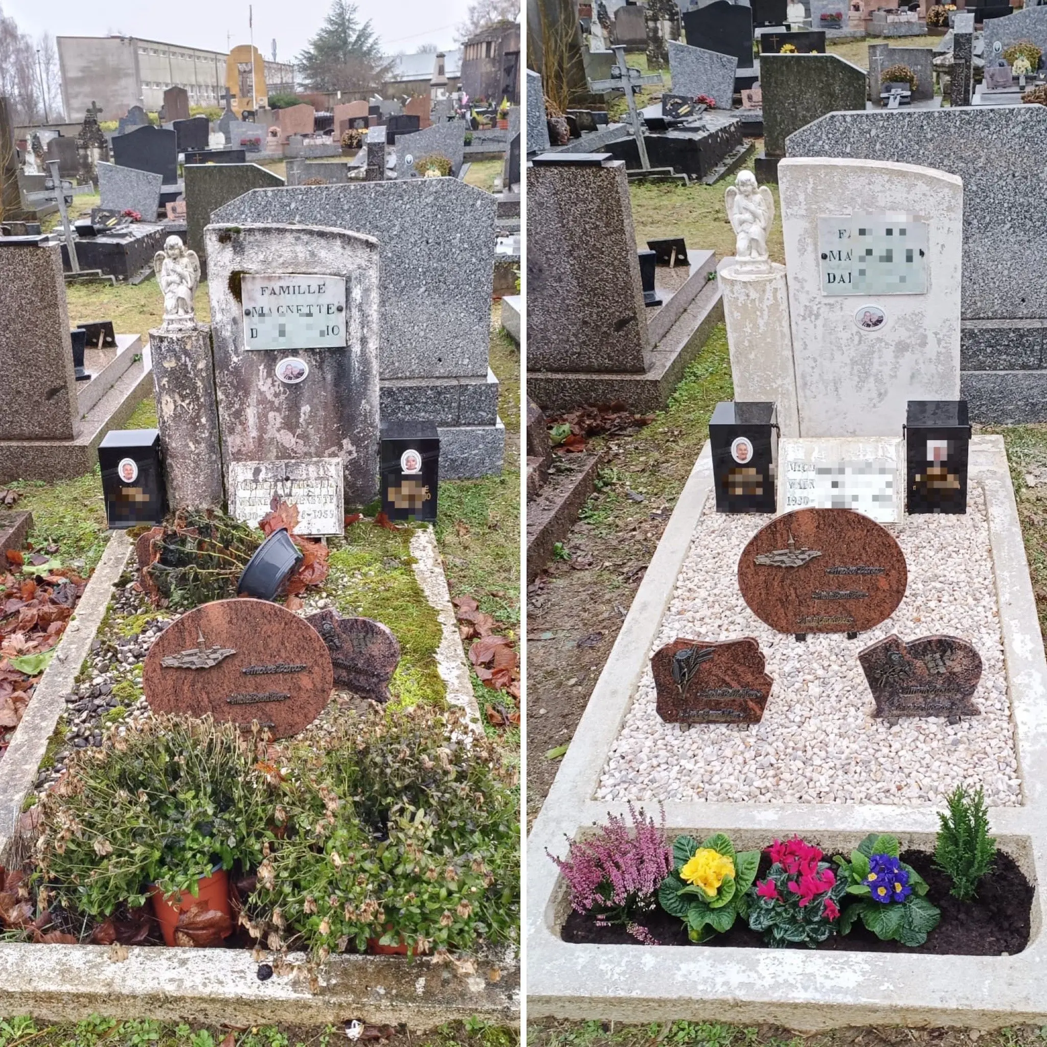 Deux tombes visibles dans un cimetière: pierre tombale rectangulaire, figures et plaques; potées et baskets de plantes Deux tombes visibles dans un cimetière: pierre tombale rectangulaire, figures et plaques; potées et baskets de plantes