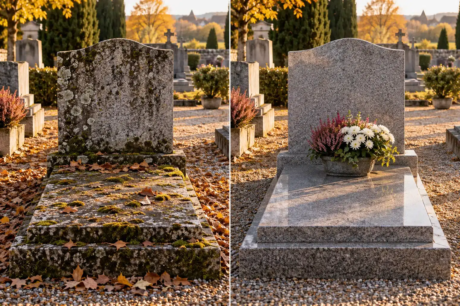 Deux vues côte à côte montrent une sépulture couverte de mousse, puis nettoyée et fleurie.