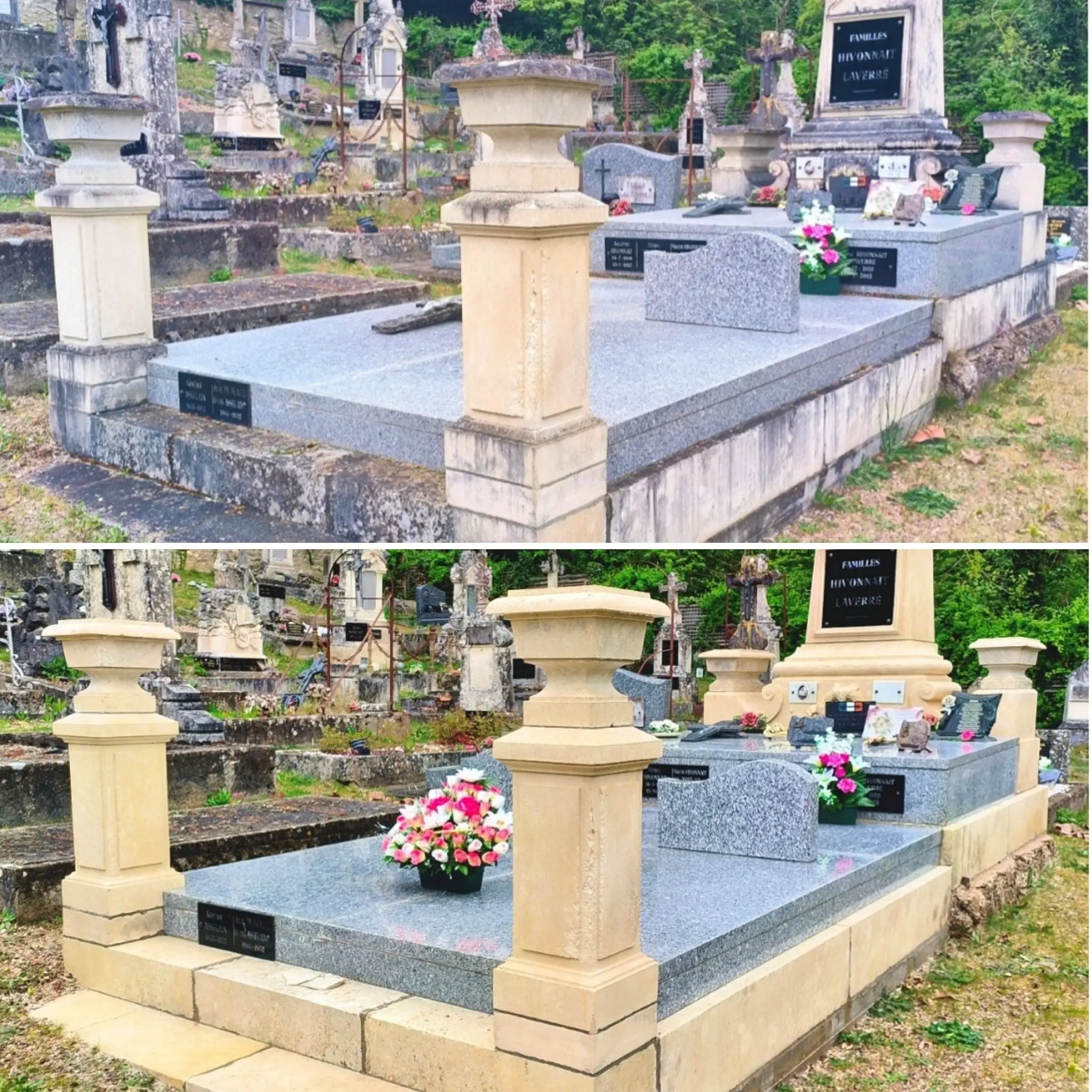 Deux vues d’un tombeau en pierre dans un cimetière, avec des plates-formes grises et des balustrades beiges, décoré de