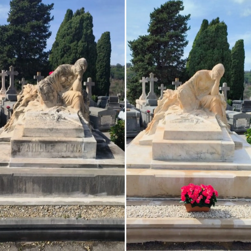 Deux vues d’un tombeau sculpté en pierre avec statue allongée, entouré d’arbres et de croix, côté droit une jardinière de
