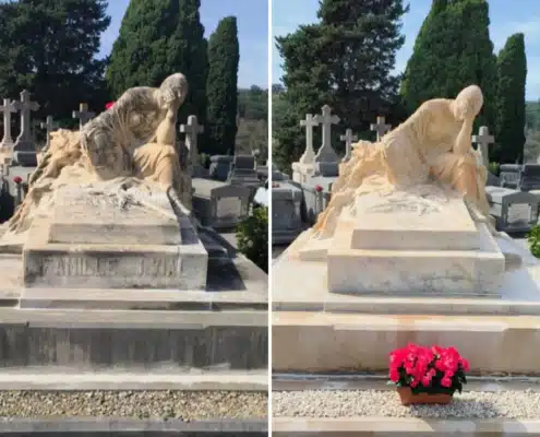 Deux vues d’un tombeau sculpté en pierre avec statue allongée, entouré d’arbres et de croix, côté droit une jardinière de