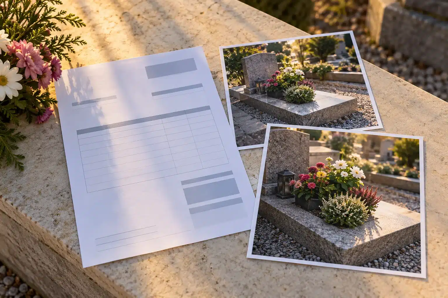 Un devis et deux photos de tombes fleuries sont posés sur une table.