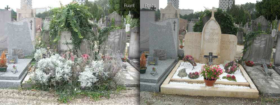 Différents états d’un même caveau montrant avant et après entretien, avec des plantes et fleurs autour de la tombe.