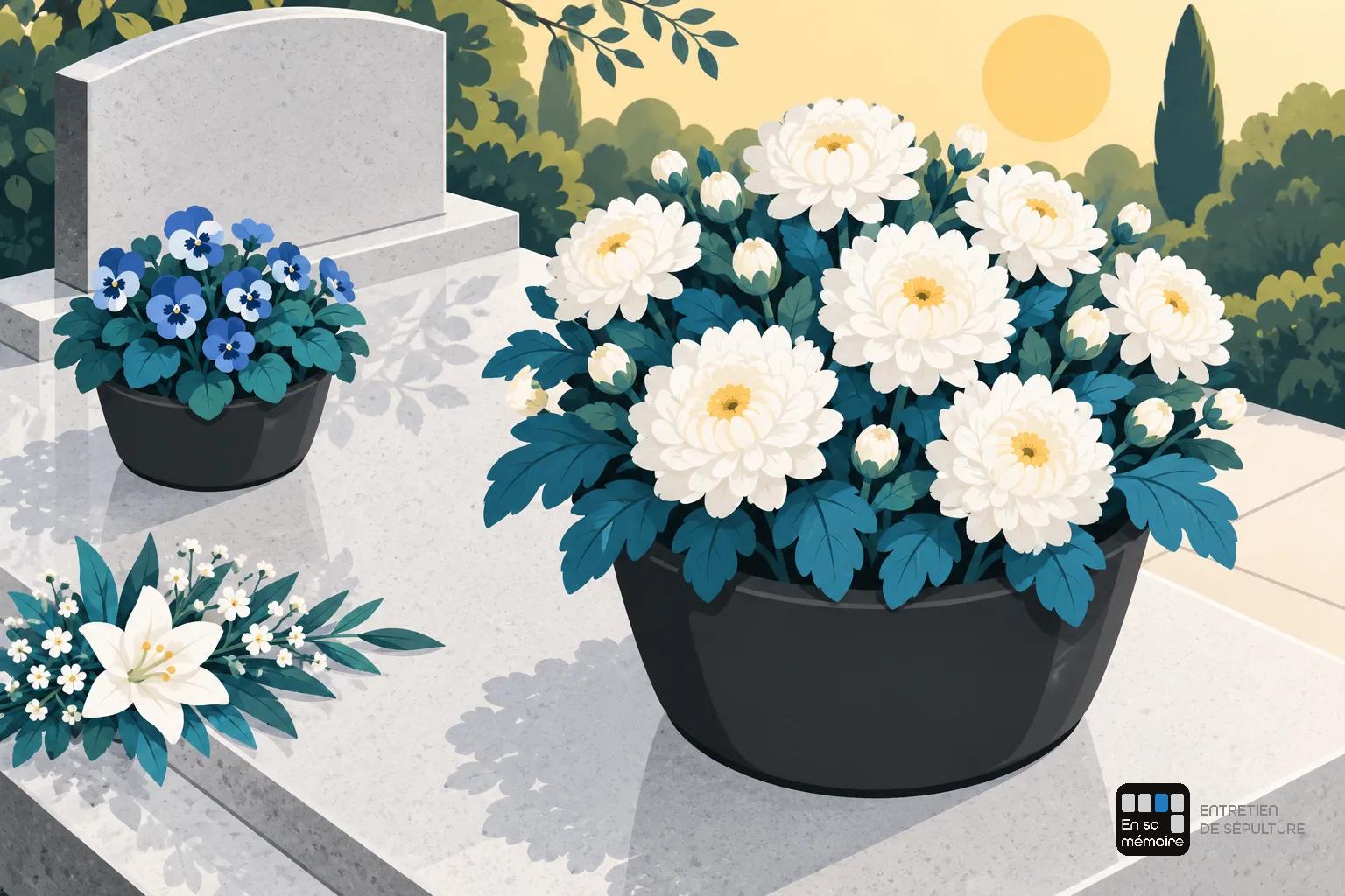 Diffuse fleurs blanches en grand pot noir et petites fleurs bleues dans un autre pot, sur une tombe entourée d’arbustes.