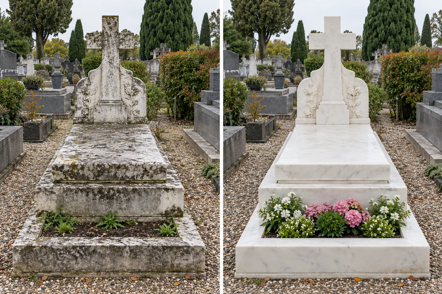 Évolution d’une tombe avant et après, avec rénovation visible sur le même site funéraire.