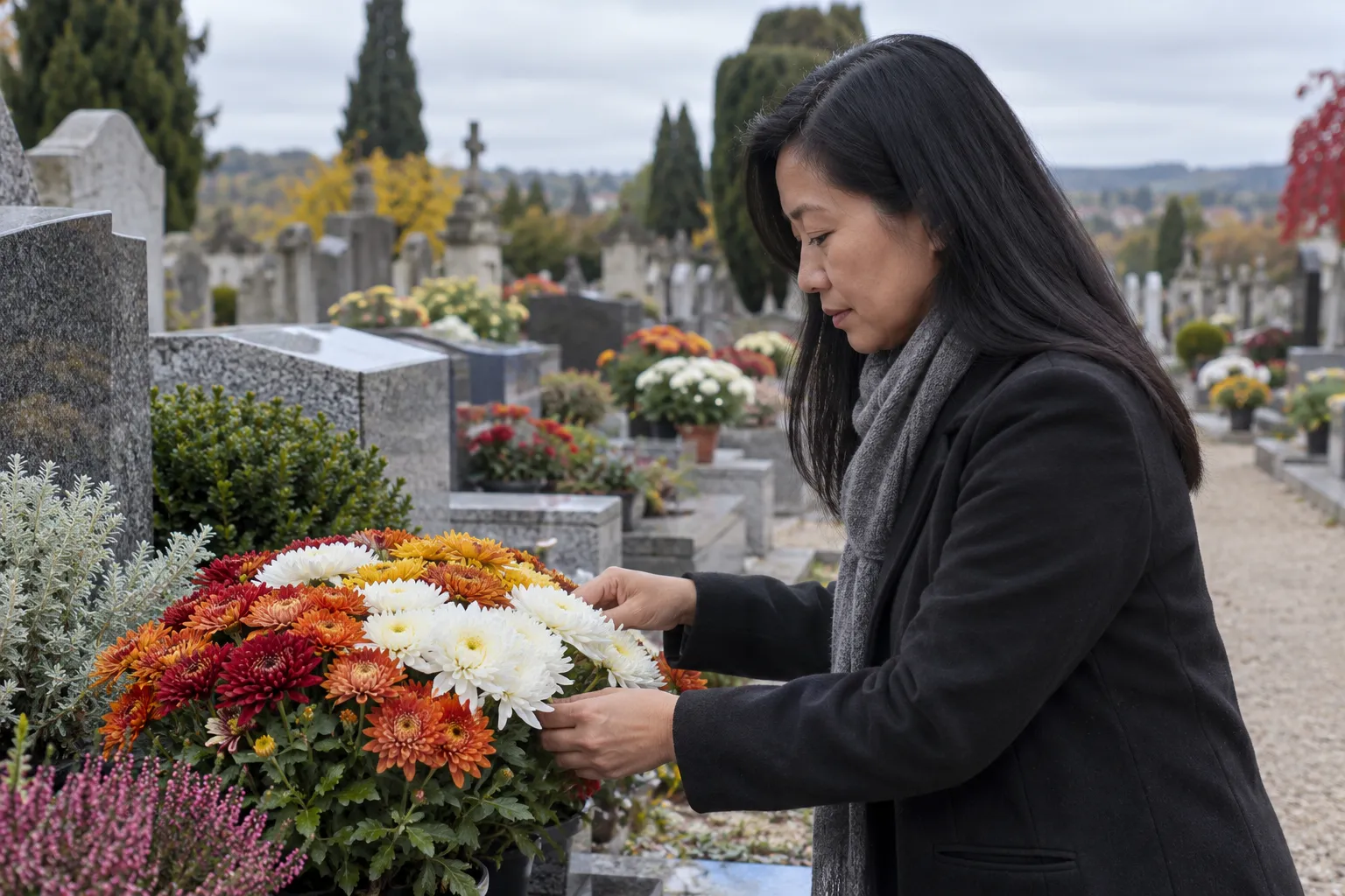 Une femme ajuste un bouquet de fleurs multicolores devant une tombe dans un cimetière.