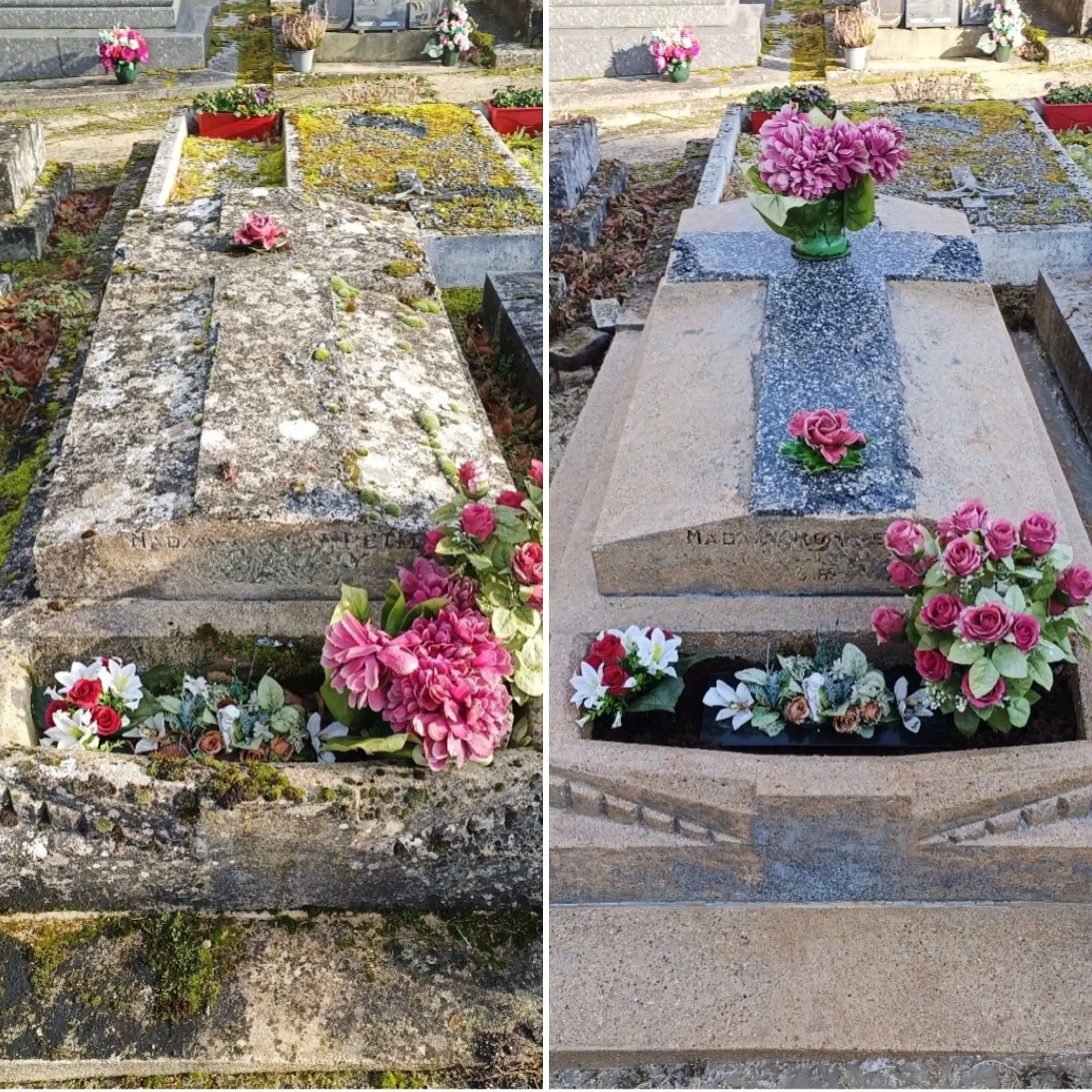 Hommage floral sur une tombe : avant/après nettoyage avec fleurs roses et plantes saisonnières en surface et autour, aspect
