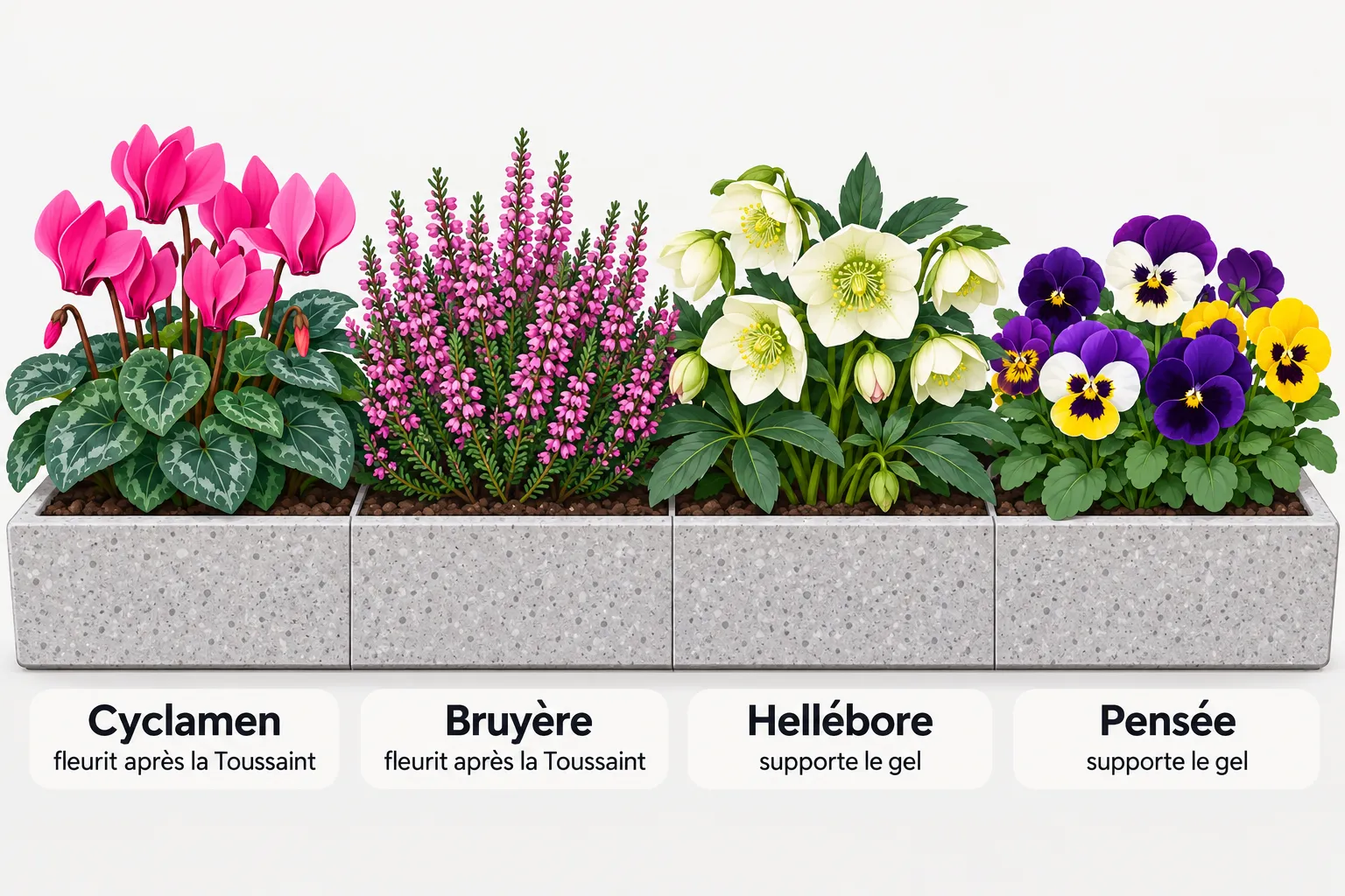 Une jardinière réunit des cyclamens roses, de la bruyère, des hellébores blancs et des pensées colorées.