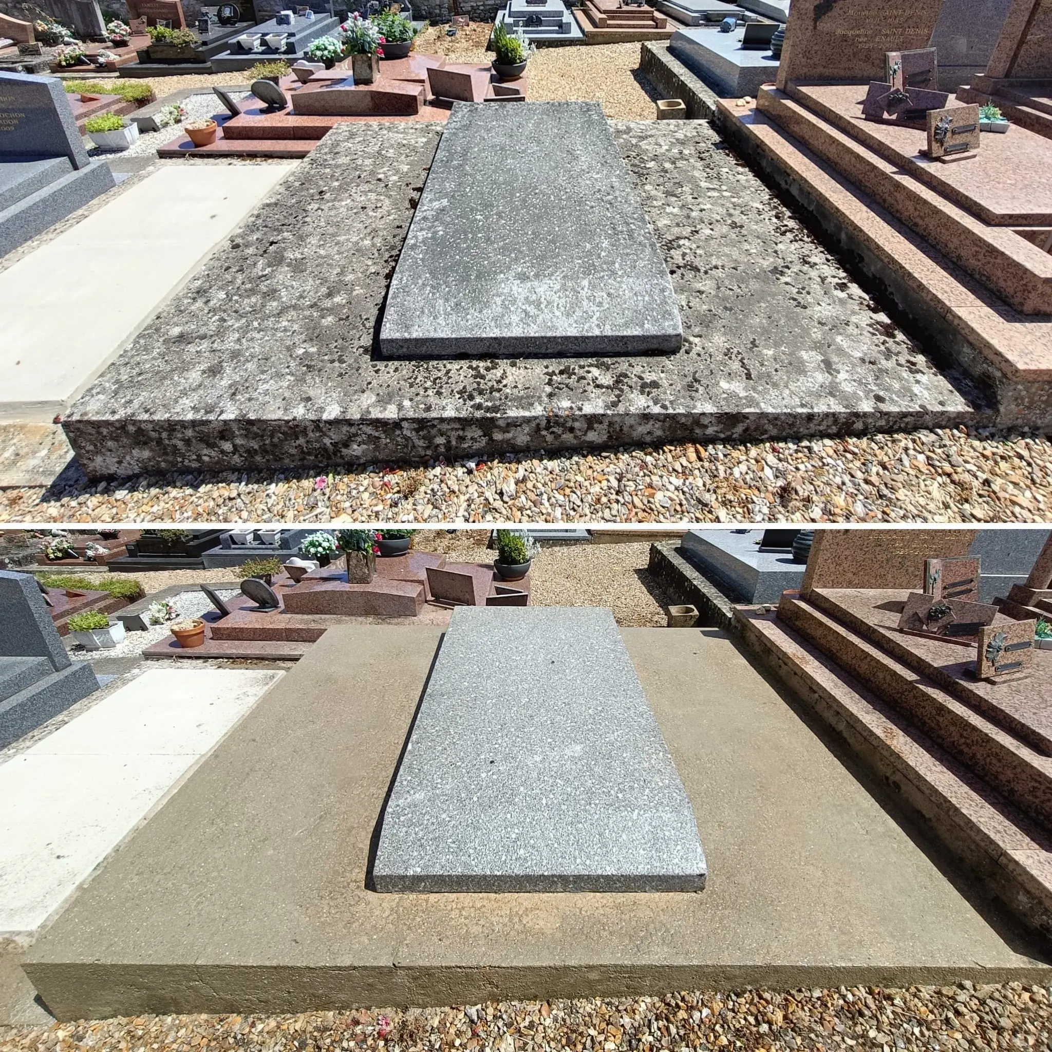 Larges dalles et tombeau en pierre avant/après nettoyage dans un cimetière, avec surface lisse et granit clair sur la dalle