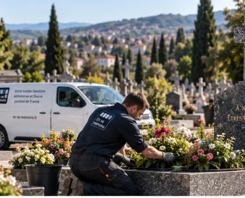 Nettoyage et fleurissement d’une sépulture par un salarié de l’entreprise, avec vanes et outil, entouré de fleurs en