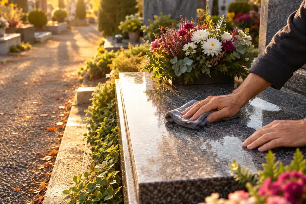 Une personne nettoie une tombe avec un chiffon dans un cimetière fleuri.