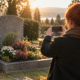 Personne prenant une photo avec son téléphone devant une tombe fleurie au cimetière lors d’un coucher de soleil.