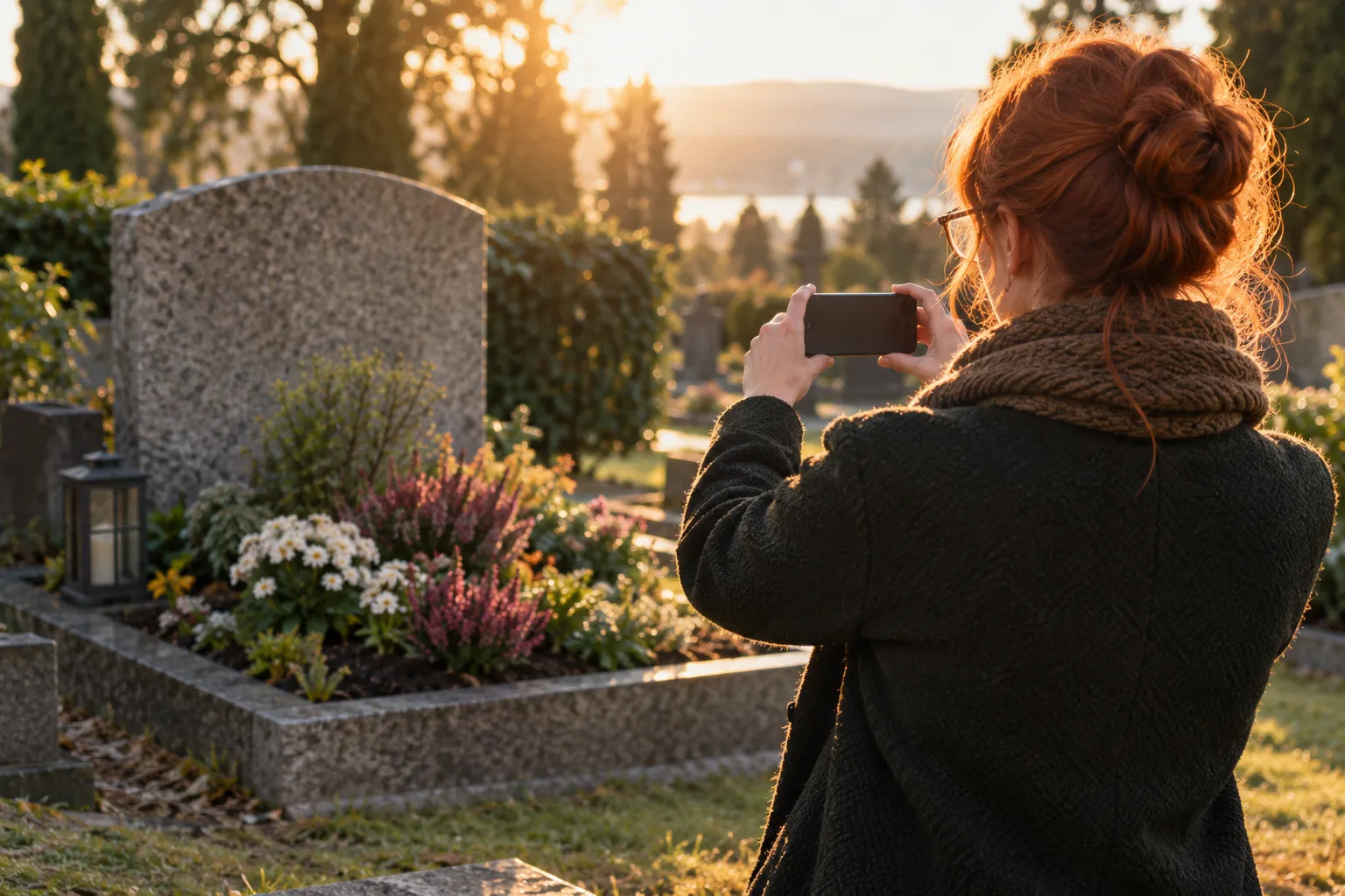 Personne prenant une photo avec son téléphone devant une tombe fleurie au cimetière lors d’un coucher de soleil.