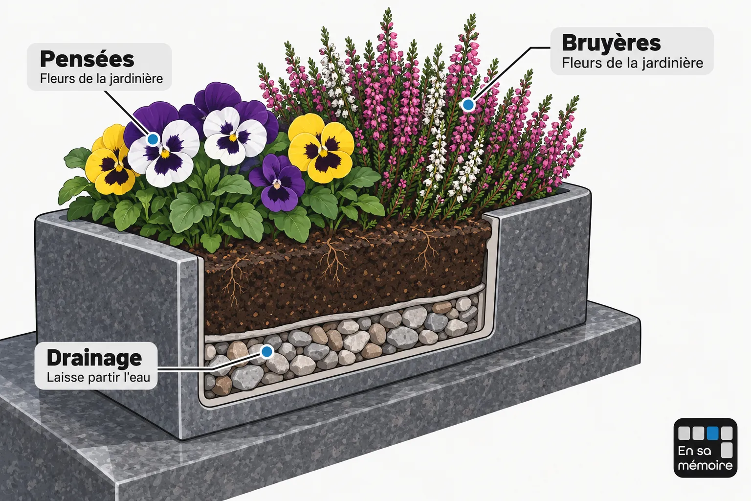 Plan d’un massif funéraire en bois et pierre avec des pensées violettes et jaunes et des bruyères roses surmonté d’un