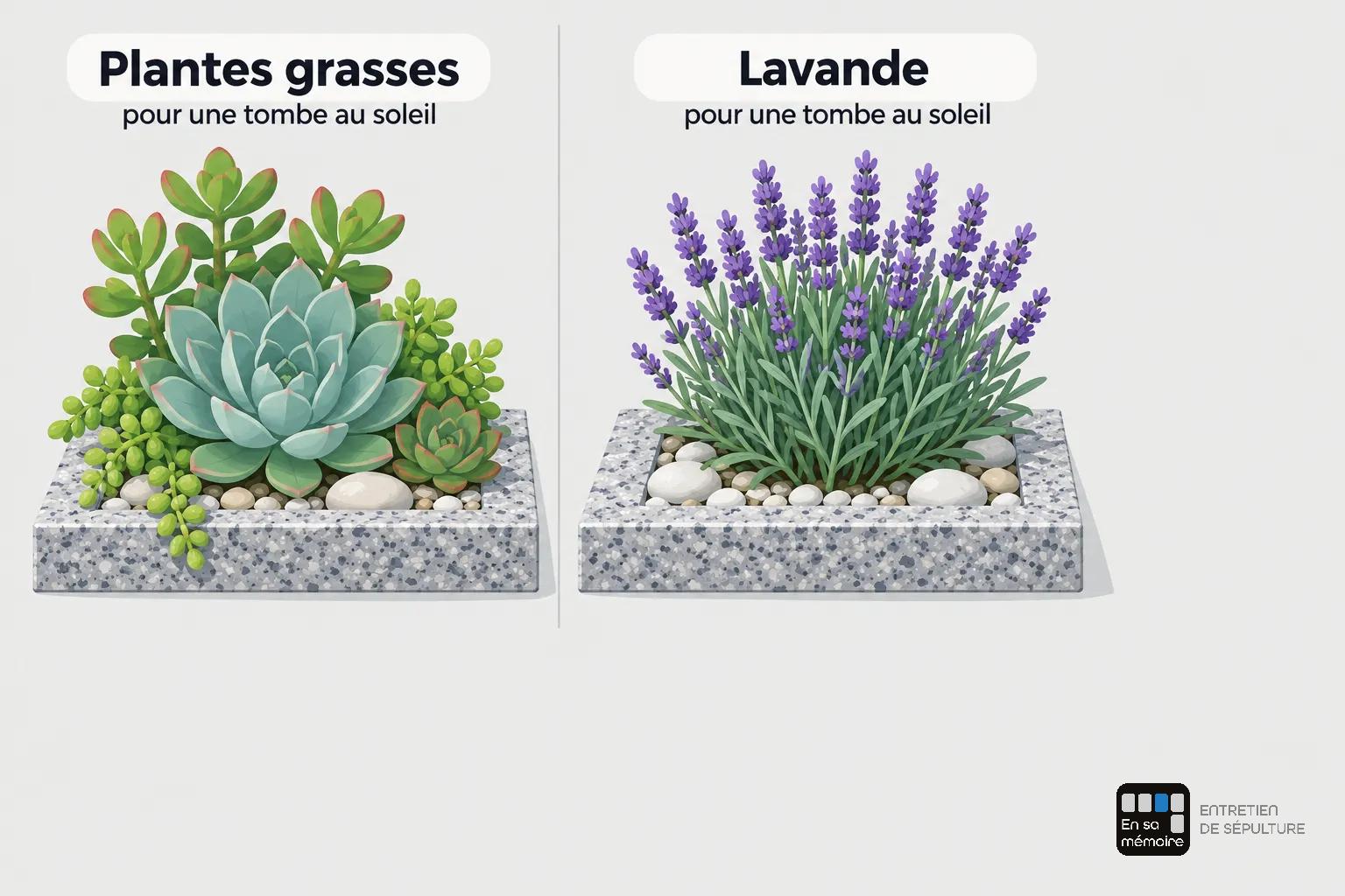 Planteres grasses et lavande en bac funéraire, montrant des plantes succulentes à gauche et des lavandes violettes à droite