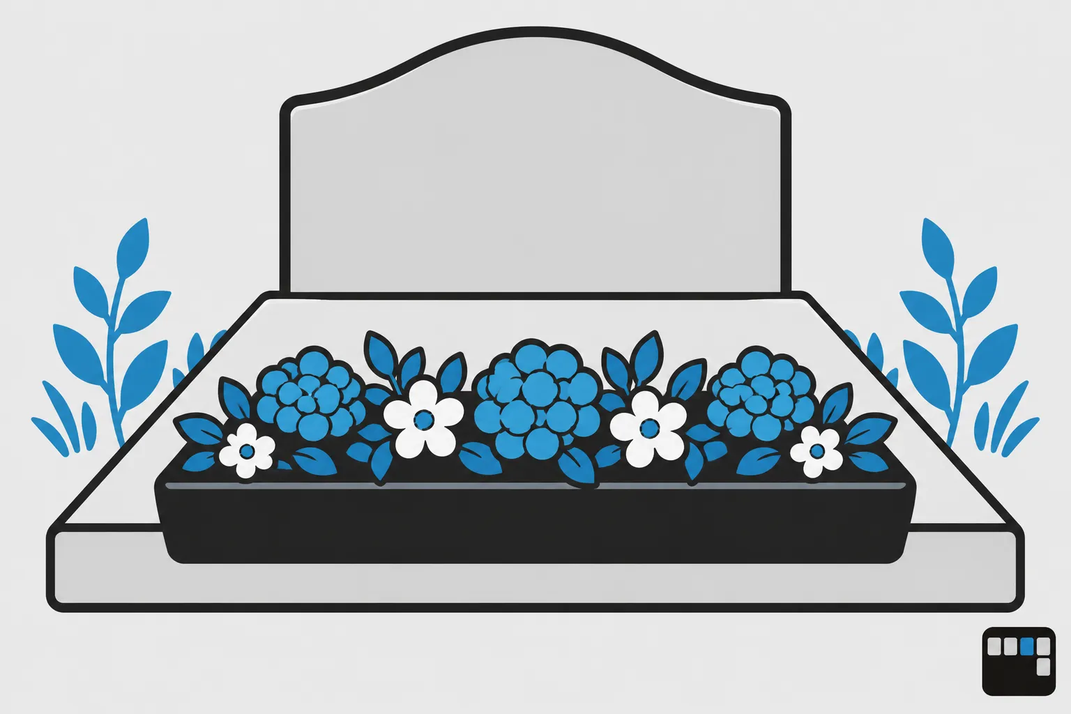 Une plaque funéraire garnie de fleurs bleues et blanches posées dans un conteneur noir.