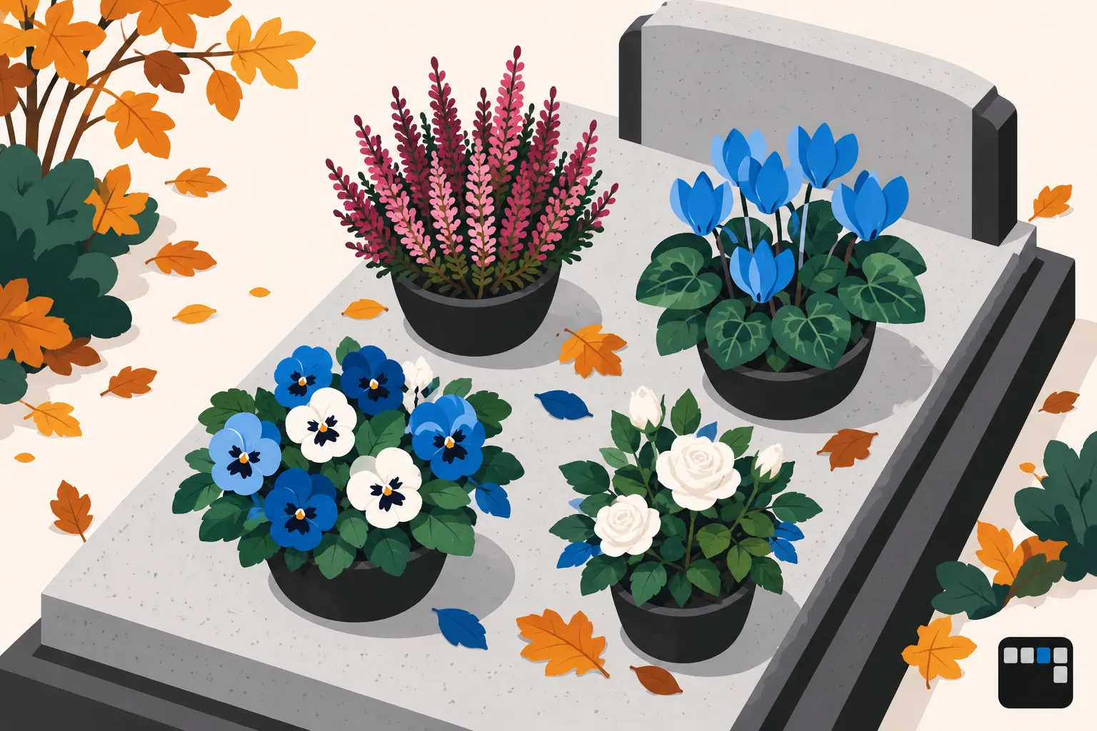 Plusieurs jardinières de fleurs colorées disposées sur une tombe en pierre.