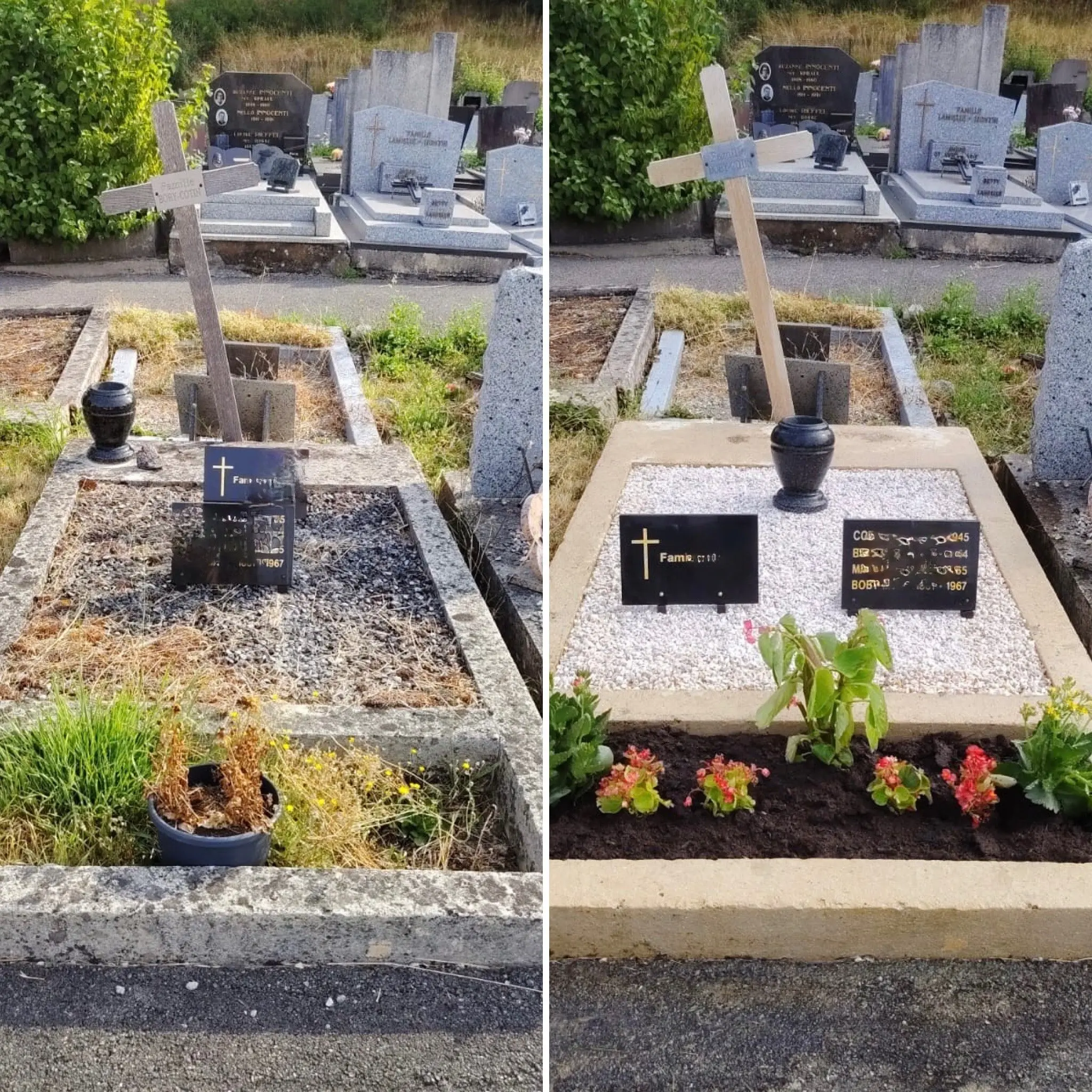 Texte alt: Tombes de cimetière avant-après: croix en bois et granit, plaques noires, pans de gravier; rénovation avec Texte alt: Tombes de cimetière avant-après: croix en bois et granit, plaques noires, pans de gravier; rénovation avec