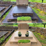 Tombe avant/après nettoyage et fleurissement : terrasse sombre avant, pavé éclairci après, avec jardinières de succulentes