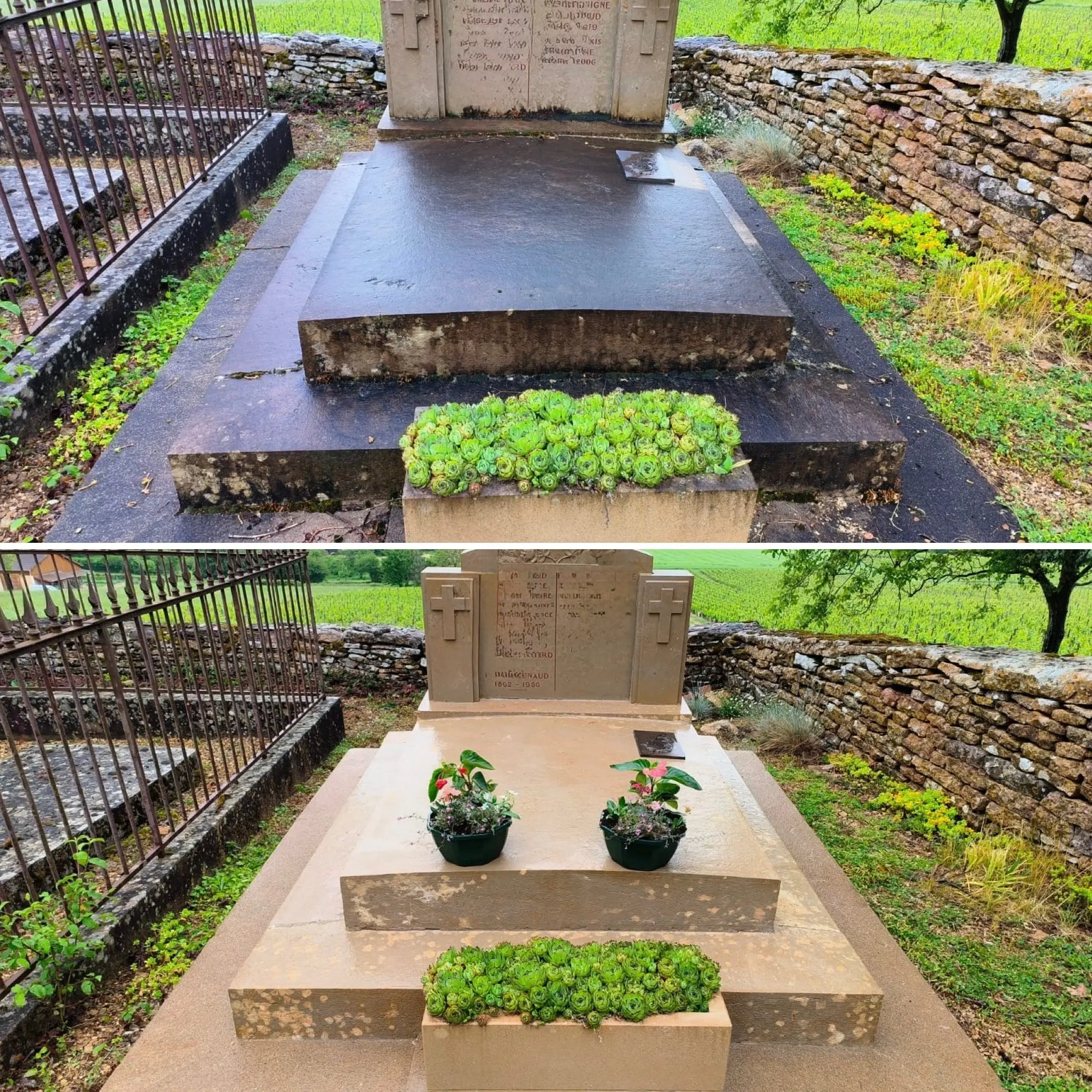 Tombe avant/après nettoyage et fleurissement : terrasse sombre avant, pavé éclairci après, avec jardinières de succulentes