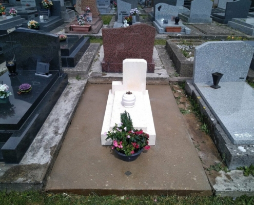 Tombe de cimetière blanchie avec un vase de fleurs colorées devant, entourée de pierres tombales voisines.