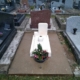Tombe de cimetière blanchie avec un vase de fleurs colorées devant, entourée de pierres tombales voisines.