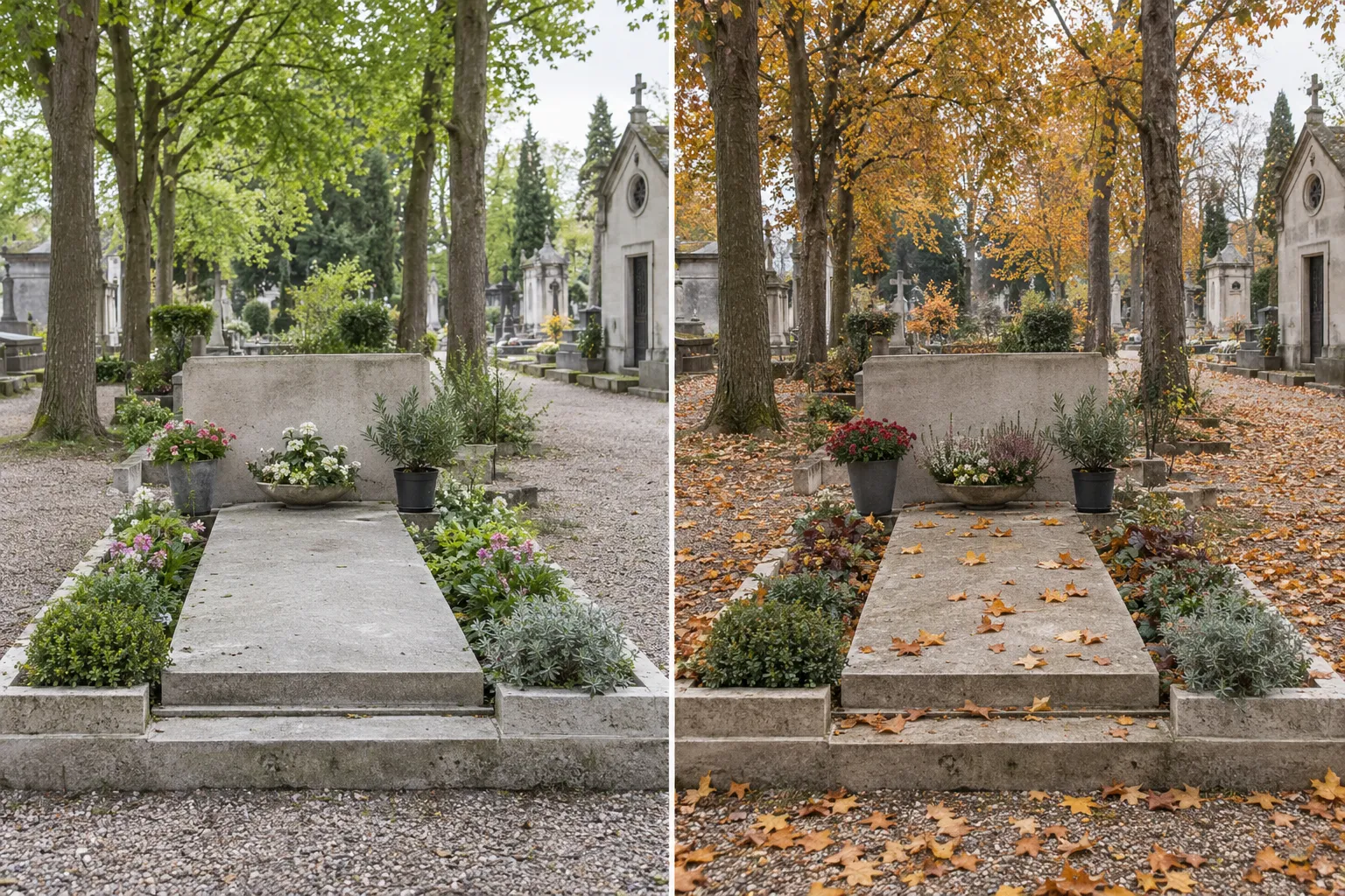 Tombe au cimetière avec plantes en pot et pavage, montrant deux saisons différentes.