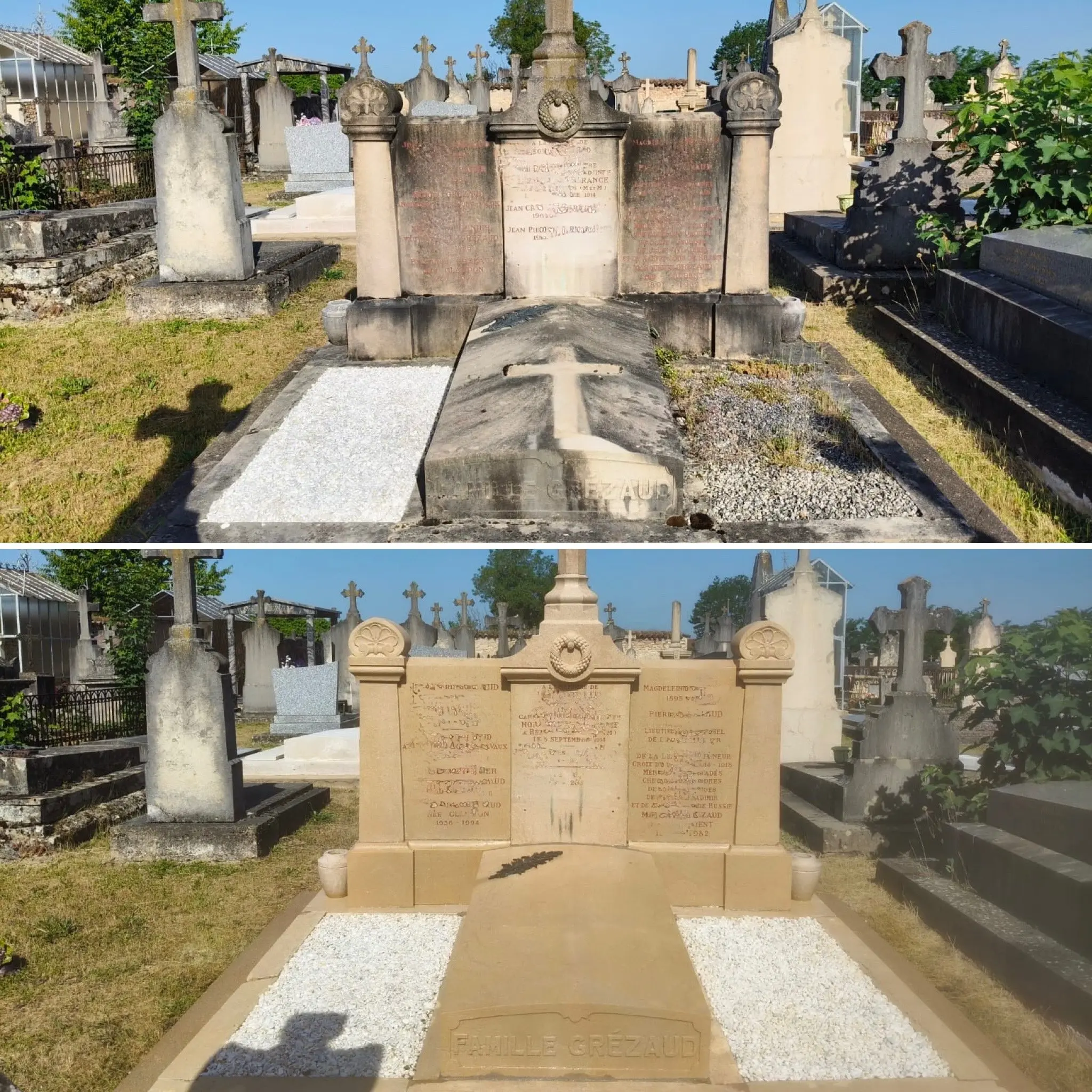 Tombe de cimetière rénovée: façade en pierre gravée et entourage net, dalle centrale et petites gravillons blancs sur les Tombe de cimetière rénovée: façade en pierre gravée et entourage net, dalle centrale et petites gravillons blancs sur les