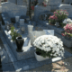 Tombe cremée décorée avec des fleurs et des objets funéraires en pierre et en céramique.