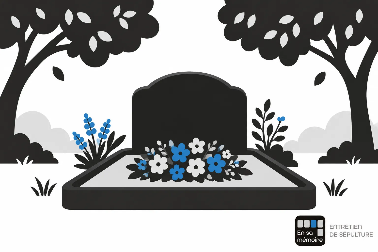 Tombe entourée de fleurs bleues et blanches dans un cimetière avec des arbres en arrière-plan.