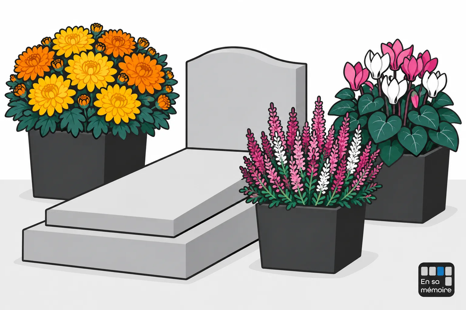 Tombe entourée de pots de fleurs colorées surmontant une stèle grise.