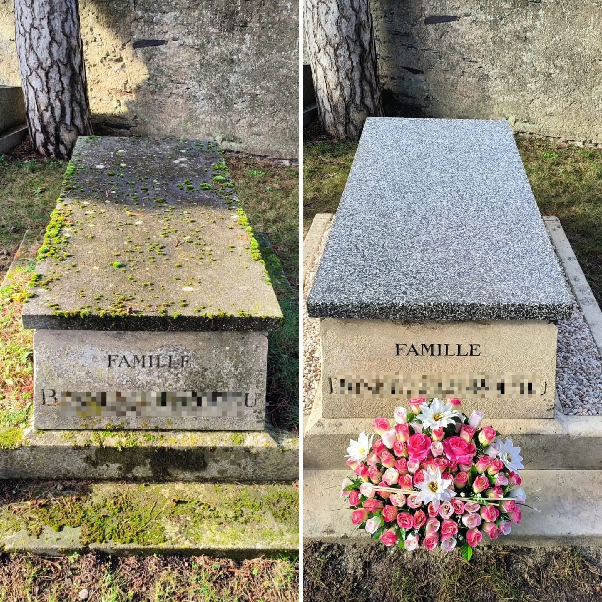 Tombe de famille avant/après nettoyage: margelle dégagée de mousse verte, pierre et plaque gravée « FAMILLE ». sur la droite Tombe de famille avant/après nettoyage: margelle dégagée de mousse verte, pierre et plaque gravée « FAMILLE ». sur la droite