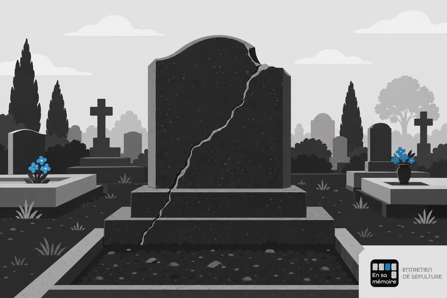 Tombe funéraire fissurée dans un cimetière, entourée d’autres tombes et de pierres tombales.