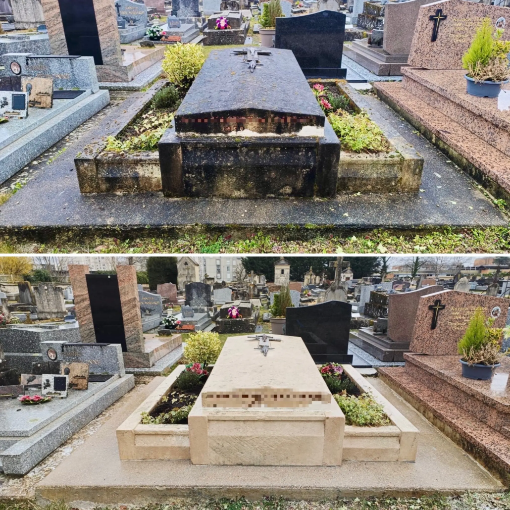 Tombe rénovée et fleurie dans un cimetière, avant/après : nettoyage des pierres, végétation et fleurs de saison sur un